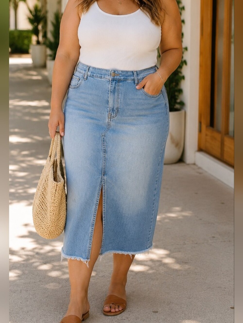 Curve Appeal Plus Size Light Wash Stretch Denim Front Slit Maxi Pencil Skirt